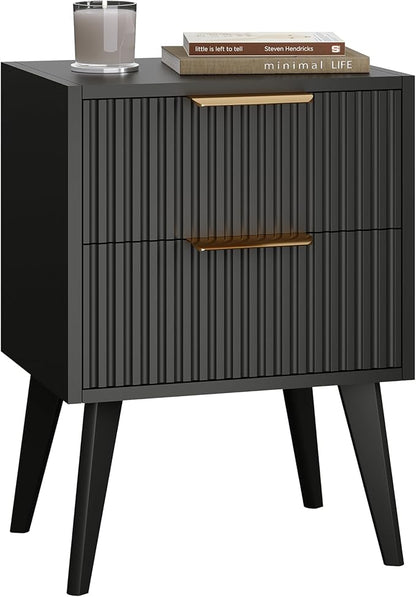 Fluted Nightstand with 2 Drawers,Modern Bedside Table with Metal Handles,White Side Table with Solid Wood Legs,Mid Century End Table for Living Room,Bedroom,Black CTG55BK