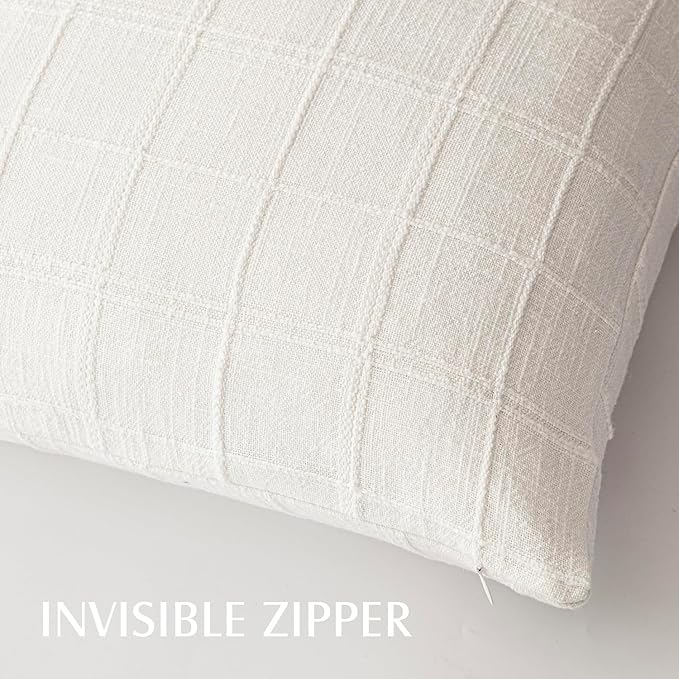 Foindtower Set of 2 Decorative Linen Check Throw Pillow Covers Neutral Farmhouse Vintage Cushion Covers Modern Boho Home Decor for Sofa Chair Couch Bedroom Living Room Outdoor,18×18 Inch,Cream White