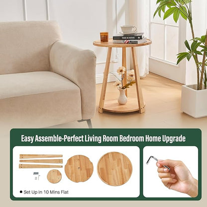 Round Solid Wood Side Table - Small Round Wooden End Table, Modern Living Room Side Beside Tables with Shelf for Couch Sofa Armchair Office Bedroom, Natural, 19.6 in x 19.6 in x 23.6 in