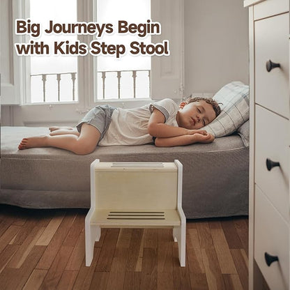 WOOD CITY Kids Step Stool for Toddler, Wooden White-Natural Patchwork Two Step Children's Stool with Handles, Bonus Non-Slip Pads for Safety, Bathroom Potty Stool & Kitchen Step Stools Dual Height