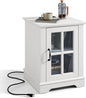 LINSY HOME End Table with Charging Station, Modern Side Table with Storage Cabinet and Adjustable Shelf, Small Sofa Table for Living Room, White