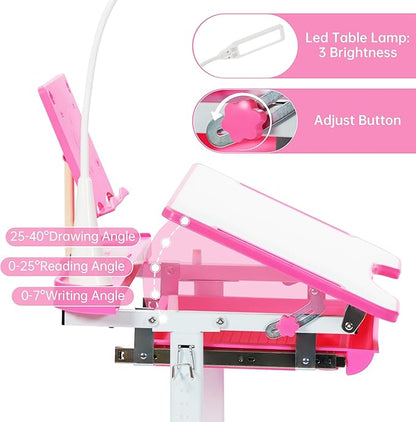 Real Relax Kids Desk and Chair Set, Children's Multifunctional School Tables with Tilt Desktop, LED Light, Metal Hook Pink