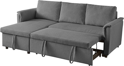 Ball & Cast Reversible Sectional Sofa Couch,L-Shape Sleeper Sofa Bed with Storage Chaise Pull Out Couch for Living Room | Hidden Storage | Pull Out Bed | Removable Backrest | Corduroy Fabric,Gray