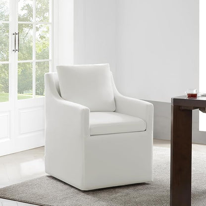 Upholstered Dining Chairs with Casters Washable Cover Side Deskchair with Rollers for Diningroom, Living Room, Cream, 1 Box