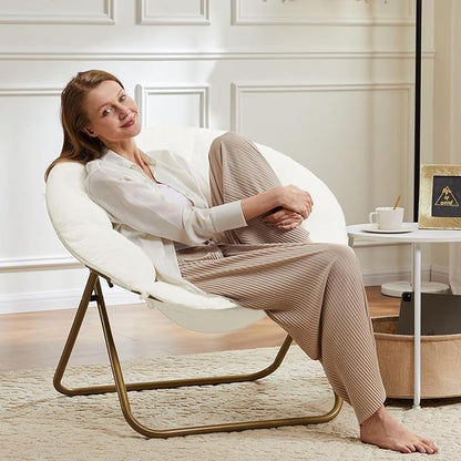 Saucer Chair Faux Fur with Soft and Thick Padded Seat Metal Frame, Modern Style Folding Cozy Chair for Living Room, Bedroom, XL, White