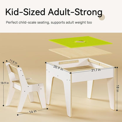 wingyz 4-in-1 Toddler Table and Chairs Set, Kids Play Tables with Storage, Wooden Sensory Tables with Dual-Sided Blocking Baseplate, Baby Activity Table with Chalkboard