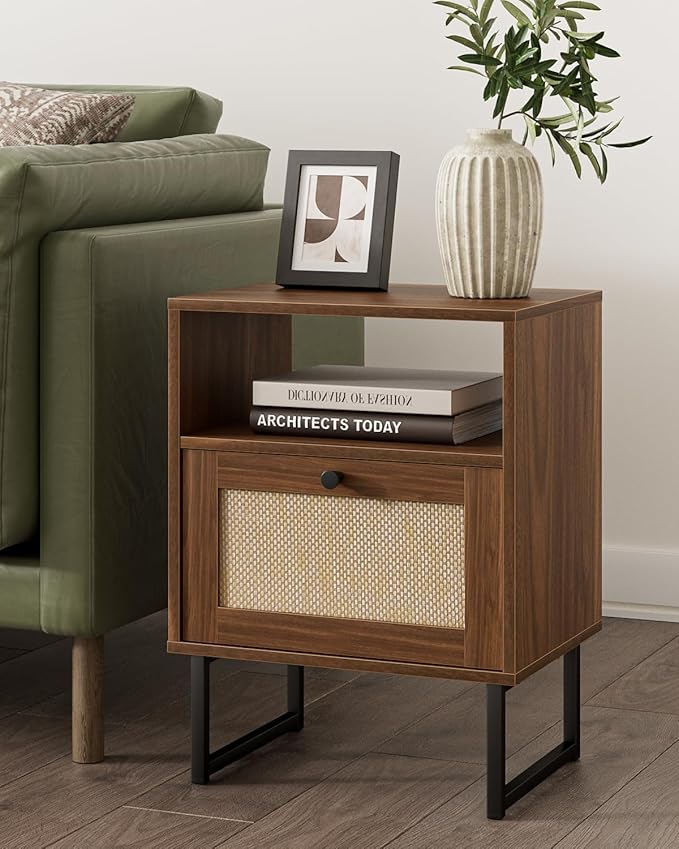 Masupu Rattan Nightstand,Modern Boho Farmhouse Wood Bedside Table with Storage Drawer and Open Shelf,Small Black Frame Side End Table for Bedroom,Living Room,Office (Walnut)