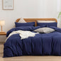 BESTOUCH Duvet Cover Set 100% Washed Cotton Linen Feel Super Soft Comfortable Chic Lightweight 3 PCs Home Bedding Set Solid Navy Blue Queen