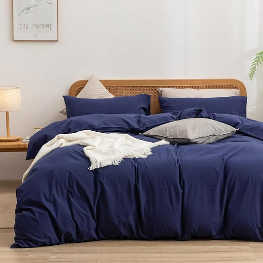 BESTOUCH Duvet Cover Set 100% Washed Cotton Linen Feel Super Soft Comfortable Chic Lightweight 2 PCs Home Bedding Set Solid Navy Blue Twin/Twin XL