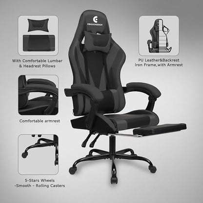 Gaming Chair with Linkage Armrest & Footrest, High Back Video Gaming Chair, Black/Grey