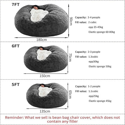 Bean Bag Chair for Adults Kids Without Filling Comfy Fluffy Giant Round Beanbag Lazy Sofa Cover for Reading Chair Floor Chair, 7FT, Dark Grey