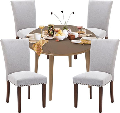COLAMY 5-Piece Extendable Dining Table Set for 4, 36" Kitchen Round Wood Table with 4 Nailhead Dining Room Chairs,Light Brown/Light Grey