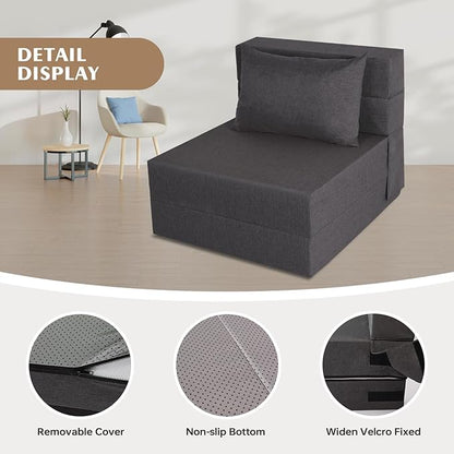 Folding Sofa Bed, Foldable Sleeper Chair with Pillow, Convertible Futon Sofa Bed with Washable Cover, Fold Out Couch for Living Room, Dorm, Guest Room, Single Size, Dark Grey