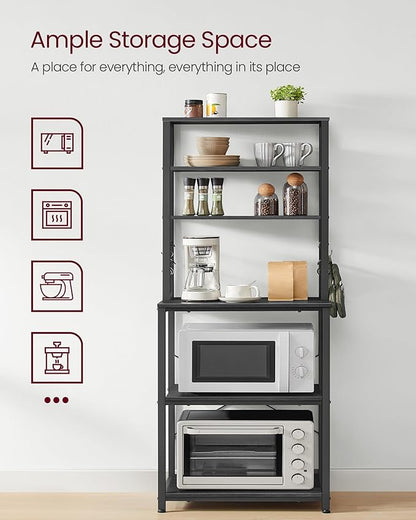 VASAGLE Coffee Bar, Baker’s Rack for Kitchen with Storage, 6-Tier Kitchen Shelves with 6 Hooks, Microwave Stand, Industrial, 15.7 x 23.6 x 65.7 Inches, Charcoal Gray and Black UKKS024B22