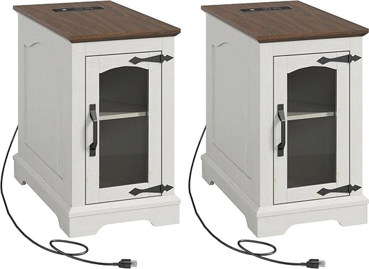 End Tables Set of 2 with Charging Station,13.8"W Narrow Side Table with Storage for Sofa Couch or Bed Side with Outlets & USB Ports, Farmhouse Nightstand with Glass Door for Bedroom Livingroom