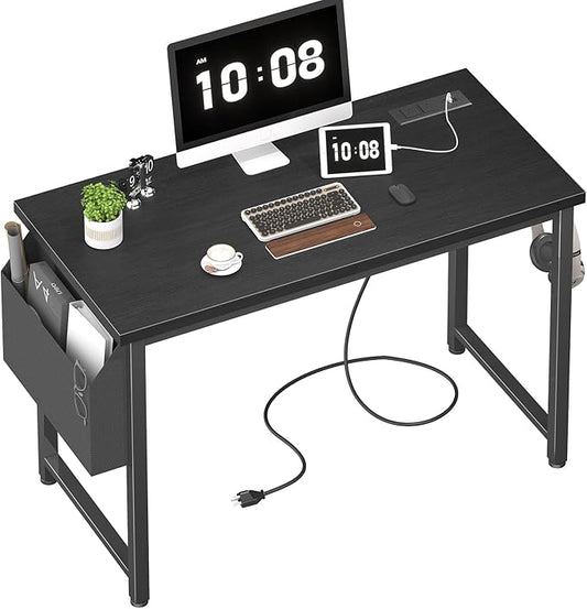 Lufeiya 39 inch Computer Desk with Power Outlet, 40 inch Teen Study Table Home Office Work Writing Desks with Charging Station Outlets Built in, Black
