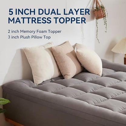 BDEUS Dual Layer 5 Inch Memory Foam Mattress Topper Queen Size, 2 Inch Gel Memory Foam Plus 3 Inch 1450 GSM Down Alternative Quilted Pillow Top Mattress Pad Cover,Dark Gray