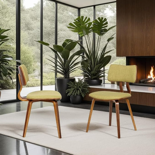 Armen Living Jaguar Mid-Century Dining Chair in Walnut Wood and Green Fabric - Set of 2