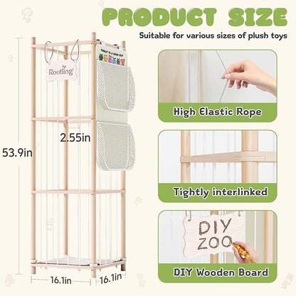 Stuffed Animal Storage & Organizer, 54 inch Tall Wooden Cute Zoo Toy Holder w/Building Block Storage Bag, Premium Wooden Material with Elastic Cord For Toddler Rooms, Playrooms & Bedrooms