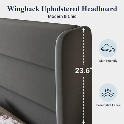 Allewie King Size Platform Bed Frame with Velvet Upholstered Wingback Headboard, No Box Spring Needed, Under Bed Storage Space, Strong Wooden Slats, Modern Mattress Foundation, Easy Assembly, Grey