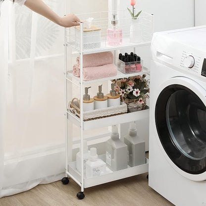 KINGRACK Slim Storage Cart, 4-Tier Metal Utility Rolling Cart with Wheels, Narrow Mobile Shelving Unit, Bathroom Storage Organizer, for Office, Kitchen Bathroom, Laundry Room, Narrow Places, White