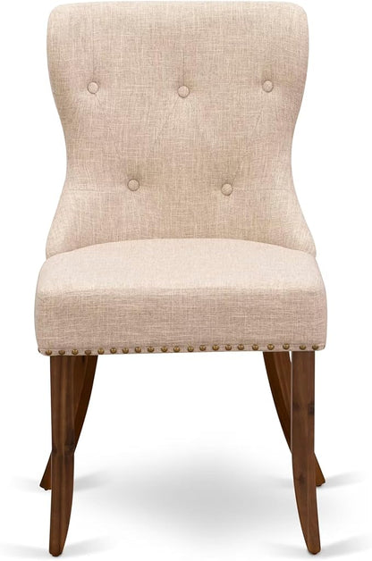 LESI9-AWA-04-9-pc Modern Dining Set Consists of a Dining Table and 8 Light Tan Linen Fabric Mid Century Dining Chairs with Button Tufted Back - Antique Walnut Finish