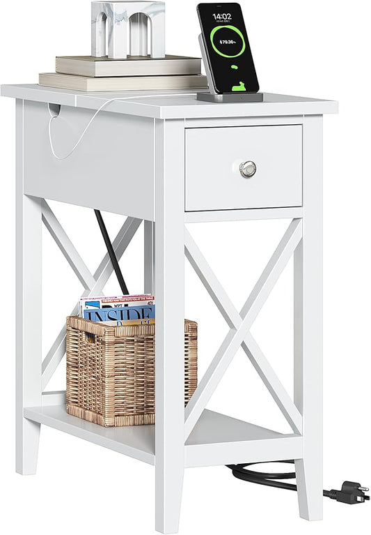 ChooChoo End Table with Charging Station, Narrow Side Table with USB Ports and Outlets, Nightstand with Drawer, for Small Spaces, Bedside Tables for Living Room White