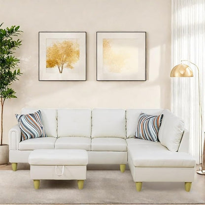 Sectional Couch with Ottoman Storage, L Shaped Sofa Furniture Sets, Modern Modular Comfy Sofa for Living Room Bedroom, White
