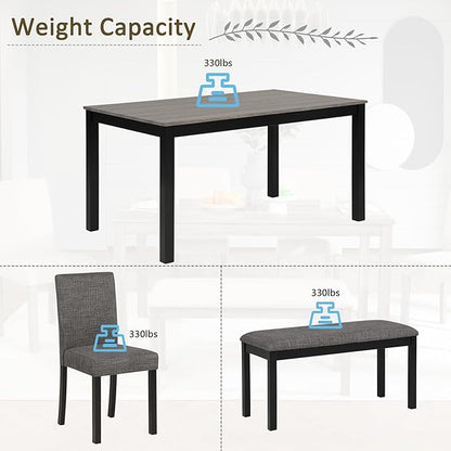 soges 6-Piece Kitchen Dining Table Set with Bench and Chairs, Dining Table Set for 6 with Bench, Wooden Table Set for Kitchen, Dining Room, Grey