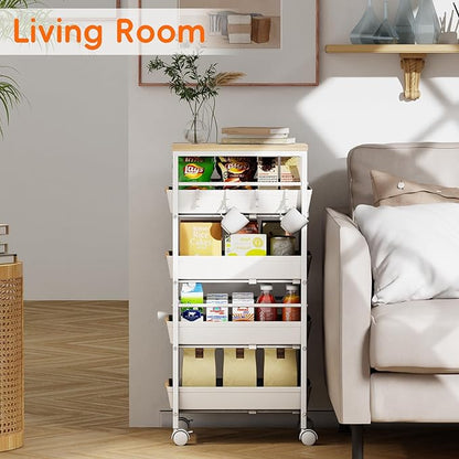 5-Tier Kitchen Storage Cart, Wood Top Rolling Cart Organizer with Pull-Out Baskets & Wheels, Metal Snack Cart with Holder for Fruit, Vegetable, Microwave, Kitchen, Pantry, White