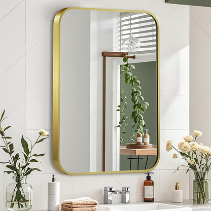30x36 Inch Gold Mirror, Framed Rectangle Mirror with Rounded Corner, Brushed Brass Mirror, Gold Bathroom Mirror for Over Sink, Vanity, Living Room, Bedroom, Horizontal/Vertical
