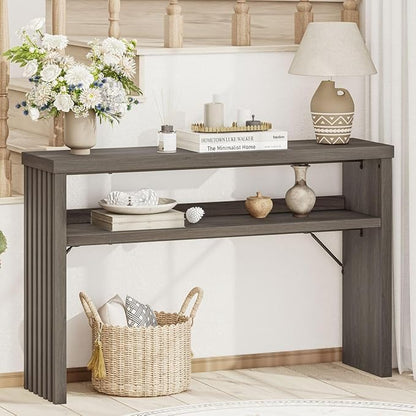 BON AUGURE Sofa Console Table, Wood Entryway Table, Grey Behind Couch Tables with Open Storage, Modern Narrow Hallway Tables (Greige Oak, 47 Inches)