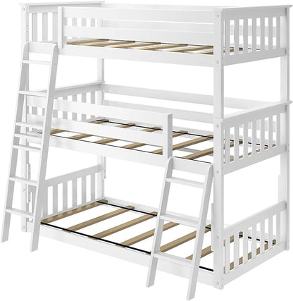 Max & Lily Triple Twin Bunk Bed, Solid Wood Bed Frame For Kids, No Box Spring Needed, Easy Assembly, White