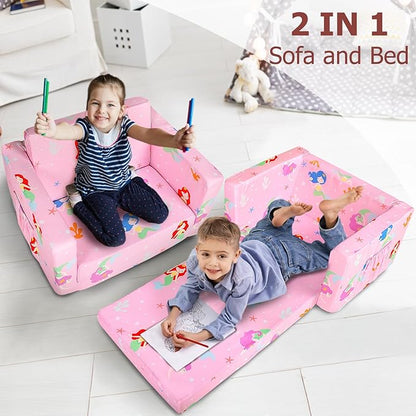 Kids Couch, 2-in-1 Kids Fold Out Sofa, Convertible Toddler Couch to Lounger for Girls and Boys, Soft Toddler Chairs Comfy 1-3 Years Old(Mermaid)