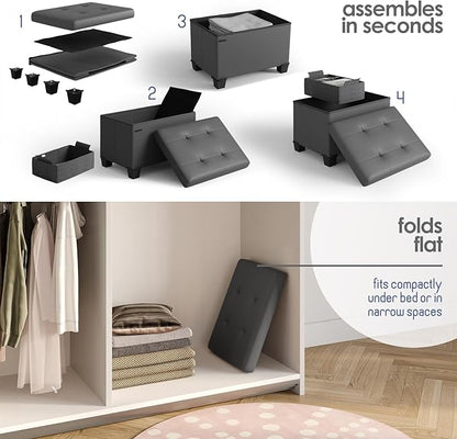 STORAGEBUD Storage Ottoman Cube with Small Bin, 16-in Square Ottoman with Storage for Living Room and Bedroom, Small Ottomans Foot Rest, Faux Leather Foot Stools Ottomans Max 330lbs, Grey