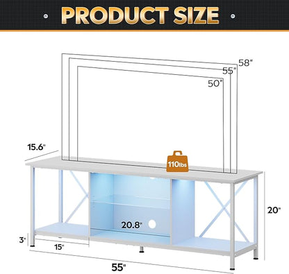 WLIVE TV Stand up to 65 Inch TV, 55" Entertainment Center with LED, Industrial TV Console with Glass Shelf for Living Room and Bedroom, White
