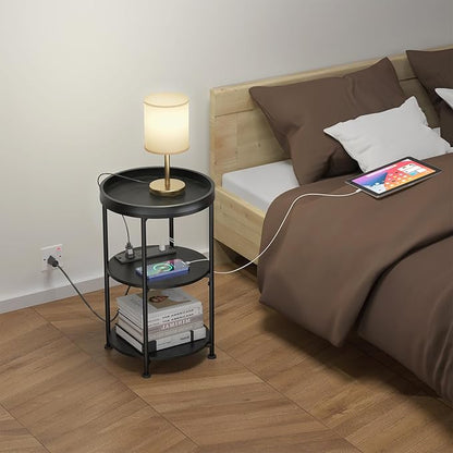 Small Round Side Table with Charging Station for Small Spaces, 3-Tier Accent Table with USB Ports & Power Outlets, Sofa Corner Tea Table for Living Room Nightstand Bedroom Apartment (Black)