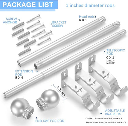Curtain Rods for Windows 16 to 92 Inches, Curtain Rod Max Adjustable Length of 104 IN, 1" Diameter Drapery Rods Round Finials, Satin Silver, Pack of 1