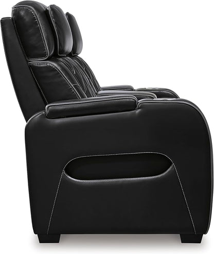 Signature Design by Ashley Boyington Modern Leather Match Power Reclining Loveseat with Console, Adjustable Headrest, Massage, Heated Seat and LED Lights, Black