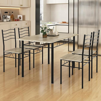 5 PCS Dining Table Set Counter Height Table and Chairs Set W/Steel Structure Dining Desk, 4 High Backrest Chairs & Anti-Slip Pads Dining Furniture Set for Kitchen and Restaurant(Beech Wood)