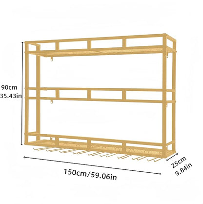 Metal Wine Rack Wall Mounted, Bar Shelves for Liquor Bottles with LED Light, 3 Tier Large Capacity Liquor Rack Wall Mounted with Glass Holder for Home Bar & Dining Room （Gold, 59in/150cm）