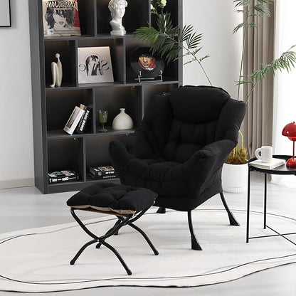 Lazy Chair with Folding Ottoman, Modern Accent Lounge Armchair with Armrests and a Side Pocket & Foldable Footstool, Leisure Reading Chair for Living Room, Bedroom, Dorm & Office, Black