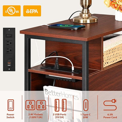 Narrow Side Tables with Charging Station, Narrow End Table with Wooden Drawers, USB Ports and Power Outlets, Nightstand and Bedside Table for Bedroom, End Tables Living Room, Espresso