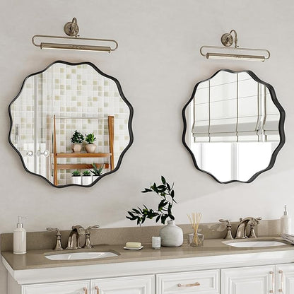 Round Wavy Mirror, 20 Inch Metal Frame Circle Mirror, Round Wall Mounted for Entryway, Bathroom, Vanity, Living Room, Black