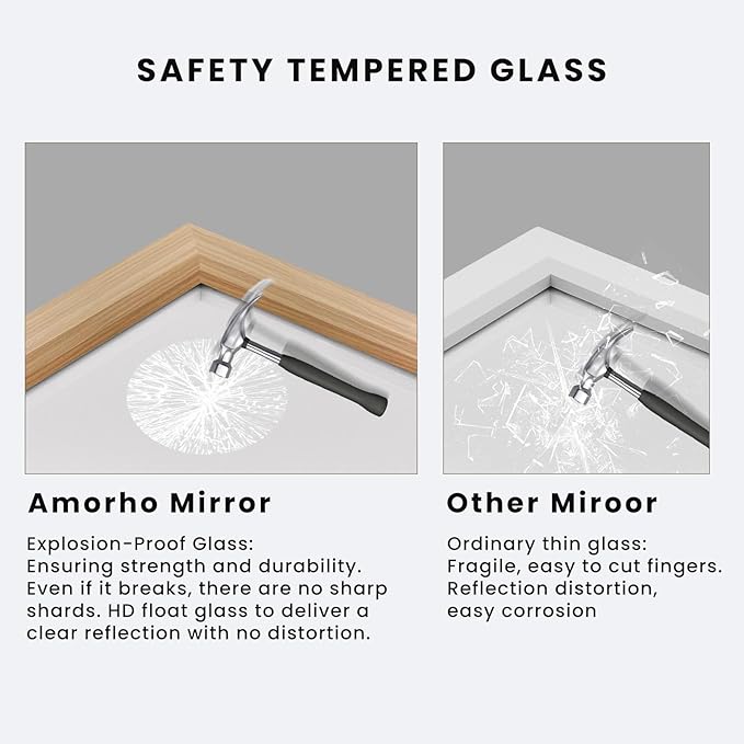 Amorho 24x36 Inch Bathroom Mirror for Wall, Oak Wood Grain Metal Framed Mirror, Anti-Rust, Hang Horizontally/Vertically, Suitable for Bedroom, Farmhouse, Bathroom, Decorative
