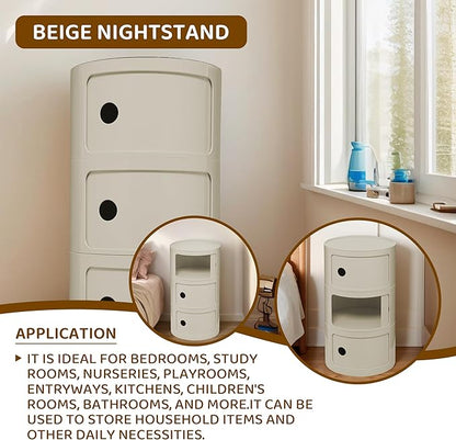 3 Tier Round with Storage, Modern Style Side Table, Multifunctional End Table Storage Cabinet for Living Room, Bedroom, Bathroom (Beige)