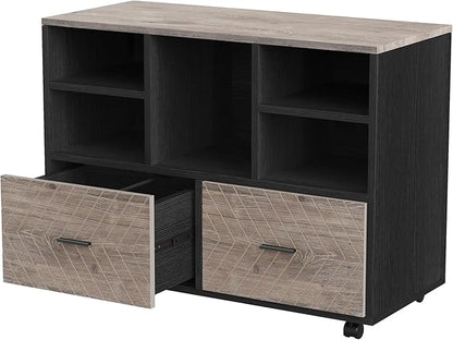 Tribesigns 2-Drawer Wood File Cabinet, Mobile Lateral Filing Cabinet for Hanging Letter Size Files, Printer Stand with Open Storage Shelves for Home Office (Gray & Black)
