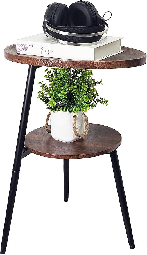 Side Table Small End Table, Oval & Round Wood Sofa Table, 2-Tier Accent Table Nightstand Bedside Table with Metal Frame for Living Room, Bedroom, Small Spaces (Rustic Brown)