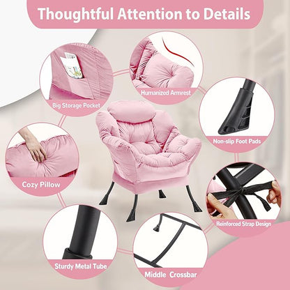 Lazy Chair Thick Padded, Comfy Velvet Accent Lounge Chair with Stable Frame, Leisure Sofa Armchair with Armrests and Side Pocket, Reading Chair for Bedroom, Living Room, Office, Pink