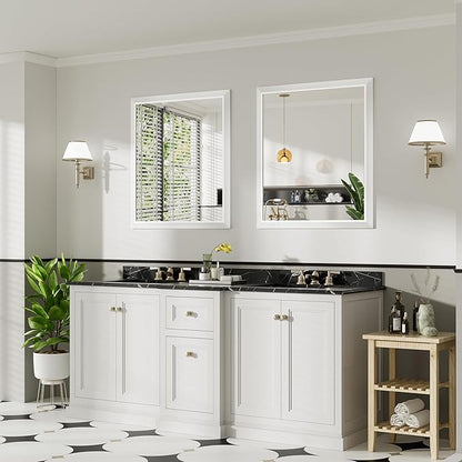 36x32 Inch White Bathroom Mirror for Wall, Thick Metal Framed Rectangle Mirrors for Over Sink, Bedroom, Living Room, Entryway, Anti-Rust, HD Tempered Glass